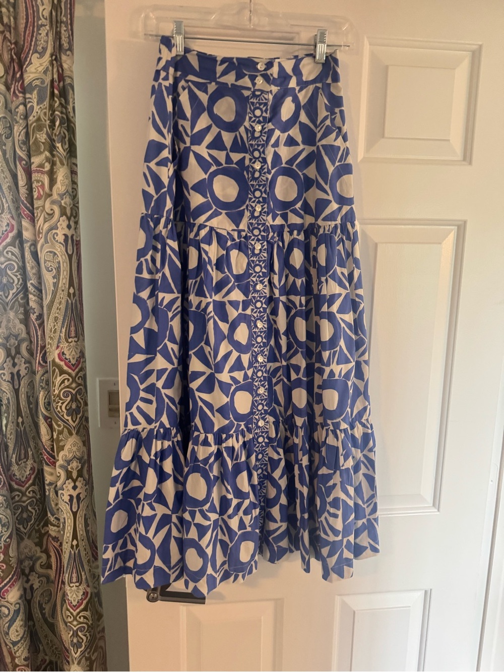 Oliphant Cotton Blue and White Patterned Tiered Maxi Skirt small